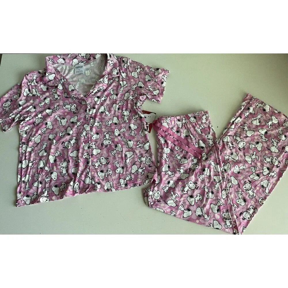 Peanuts SNOOPY Pink Women’s Sz‎ L Pajama PJ Set Pants Short Sleeve Soft Daisies